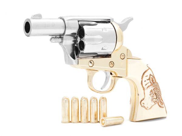 Colt Peacemaker Deko 2,5 Zoll Sheriffs Model - Messing Finish mit Munition und Bull Grips