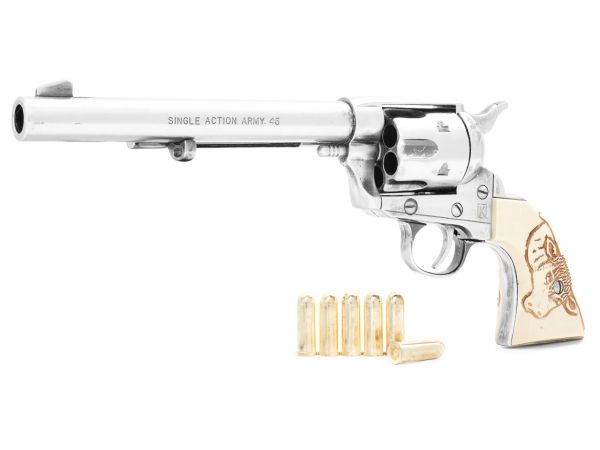 Colt Peacemaker Deko 7,5 Zoll Cavalry Steel Finish mit Munition und Bull Grips