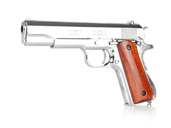 Colt 1911 Deko Pistole M1911A1 .45 vernickelt mit lackierten Holzgriffschalen