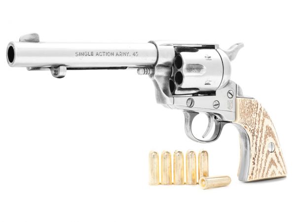 Colt Peacemaker Deko 5,5 Zoll Artillery Steel Finish mit Munition und Ivory Grips