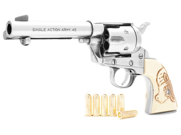 Colt Peacemaker Deko 4,75 Zoll Gunfighter Bull Grip - Steel Finish mit Munition