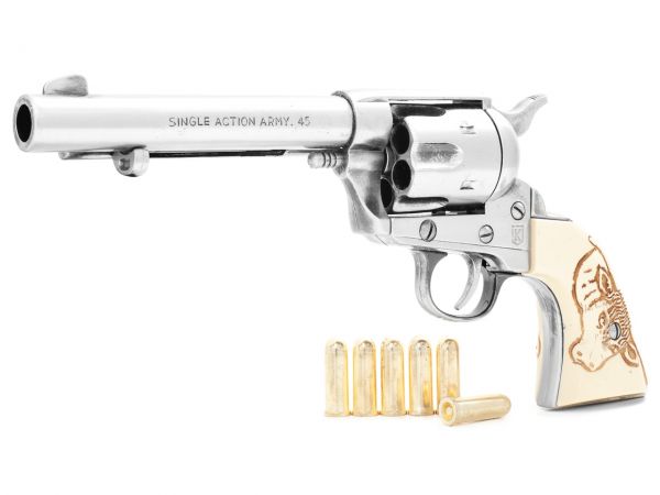 Colt Peacemaker Deko 5,5 Zoll Artillery Steel Finish mit Munition und Bullgrips