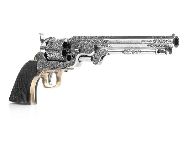 Colt Navy 1851 Deko Revolver silber- / messingfarben mit Eagle Grip aus Büffelhornimitat