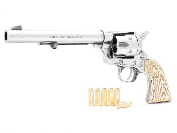 Colt Peacemaker Deko 7,5 Zoll Cavalry Steel Finish mit Munition und Ivory Grips