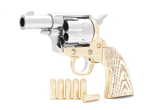 Colt Peacemaker Deko 2,5 Zoll Sheriffs Model - Messing Finish mit Munition und Ivory Grips