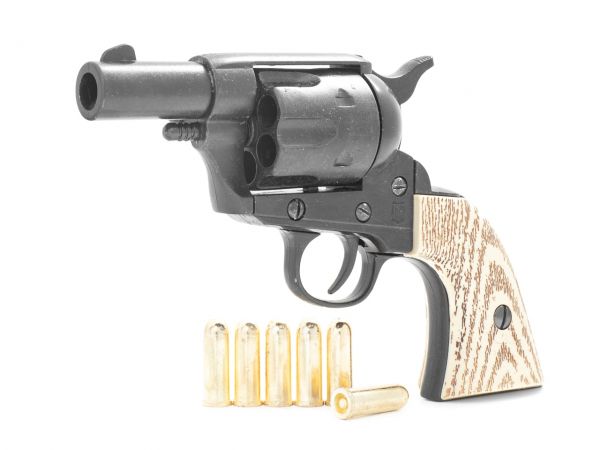 Colt Peacemaker Deko 2,5 Zoll Sheriffs Model in Schwarz mit Munition und Ivory Grips