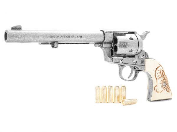 Colt Peacemaker Deko 7,5 Zoll Cavalry Used Look mit Munition und Bull Grips