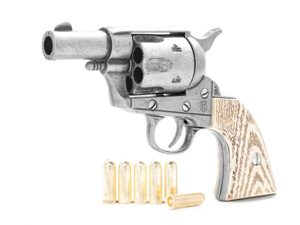 Colt Peacemaker Deko 2,5 Zoll Sheriffs Model - Used Look mit Munition und Ivory Grips