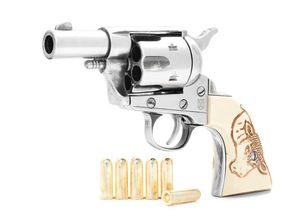 Colt Peacemaker Deko 2,5 Zoll Sheriffs Model Steel Finish mit Munition und Bull Grips