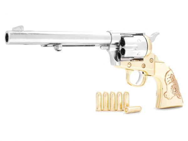Colt Peacemaker Deko 7,5 Zoll Cavalry - Messing Finish mit Munition und Bull Grips