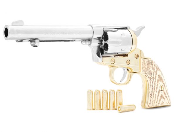 Colt Peacemaker Deko 5,5 Zoll Artillery - Messing Finish mit Munition und Ivory Grips