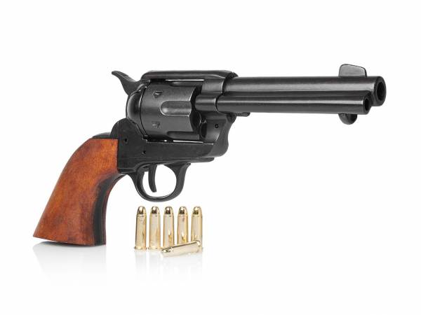 Schwarzer 45 Colt Peacemaker Gunfighter mit Munition als Deko Revolver