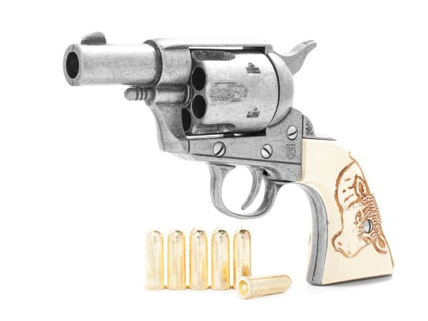 Colt Peacemaker Deko 2,5 Zoll Sheriffs Model Used Look mit Munition und Bull Grips