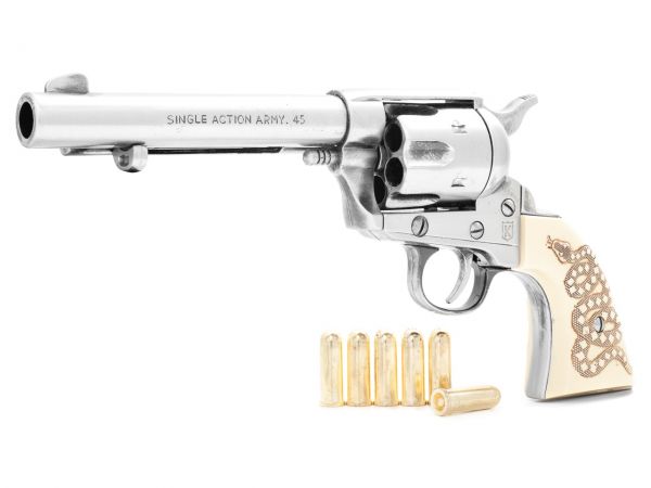 Colt Peacemaker Deko 5,5 Zoll Artillery Steel Finish mit Munition und Snake Grips