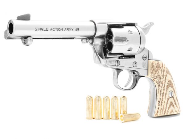 Colt Peacemaker Deko 4,75 Zoll Gunfighter - Steel Finish mit Ivory Grip und Munition