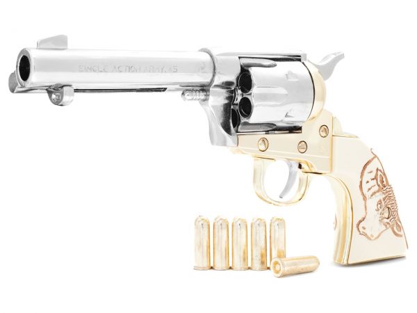 Colt Peacemaker Deko 4,75 Zoll Gunfighter Bull Grip - Messing Finish mit Munition