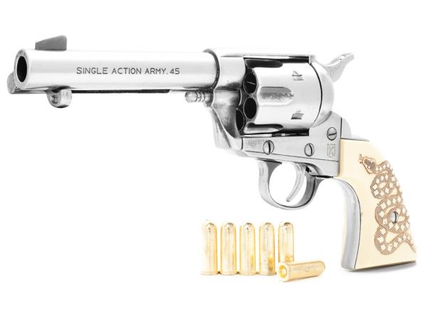 Colt Peacemaker Deko 4,75 Zoll Gunfighter Snake Grip - Steel Finish mit Munition