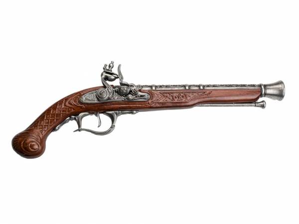 Schwere Tromblon-Pistole Deko - silberfarben mit Walnuss-Imitat