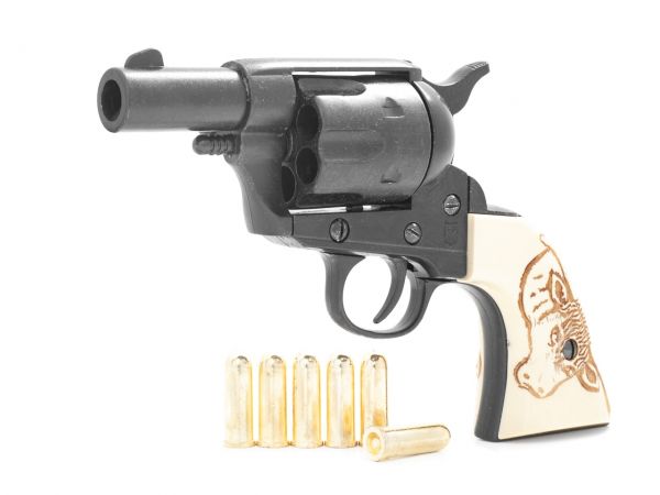 Colt Peacemaker Deko 2,5 Zoll Sheriffs Model Schwarz mit Munition und Bull Grips