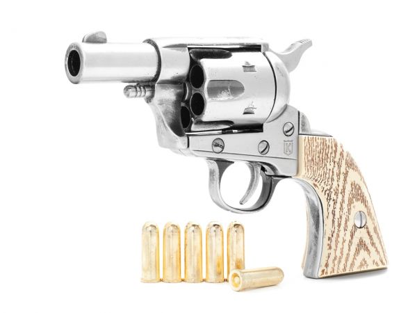 Colt Peacemaker Deko 2,5 Zoll Sheriffs Model Steel Finish mit Munition und Ivory Grips