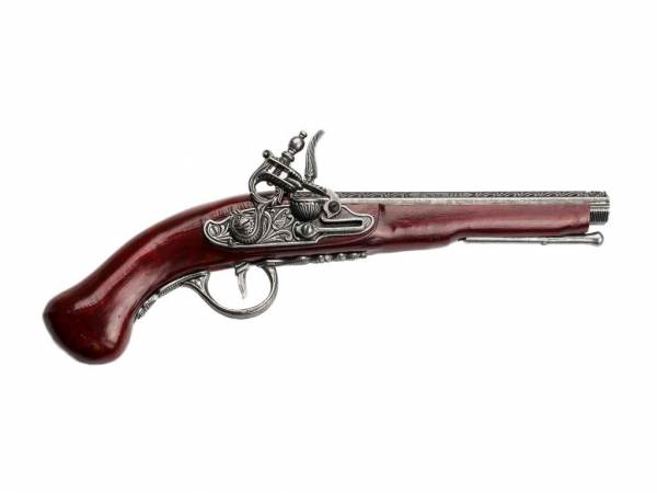 Hadley 1760 Achtkantlauf Steinschloss Pistole Deko - silberfarben mit Kirschholz-Imitat