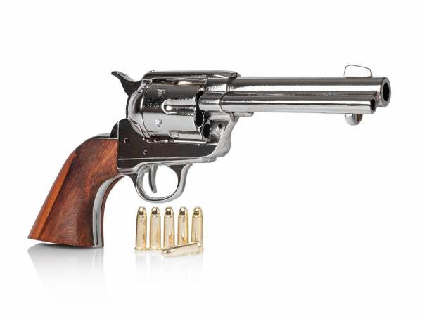 Vernickelter 45 Colt Peacemaker Gunfighter mit Munition als Deko Revolver